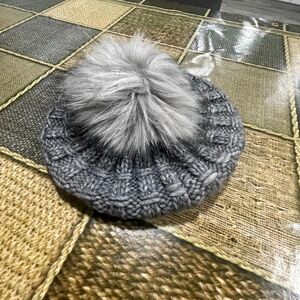 Gray Knit Beret with Pom Pom